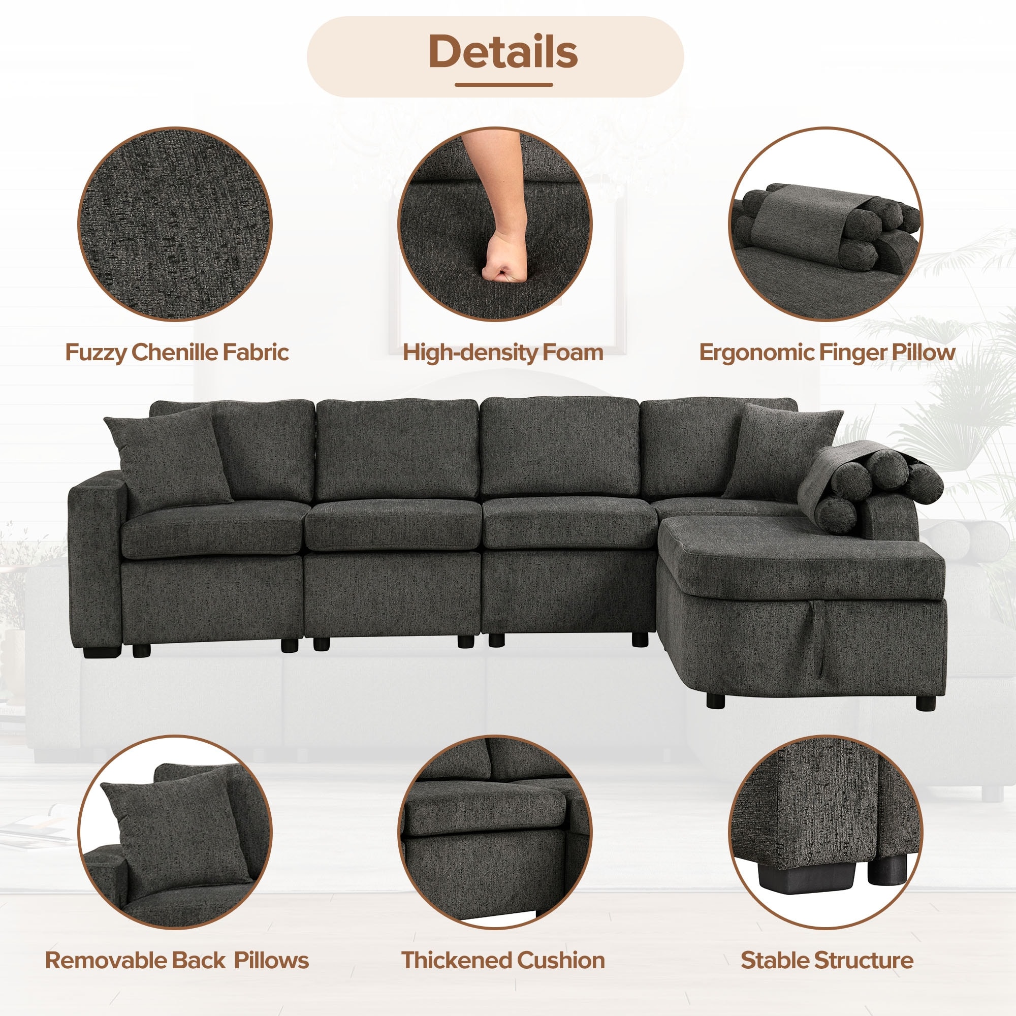 109.8"L-shaped Couch Sectional Sofa With Storage Chaise,Cup Holder And ...